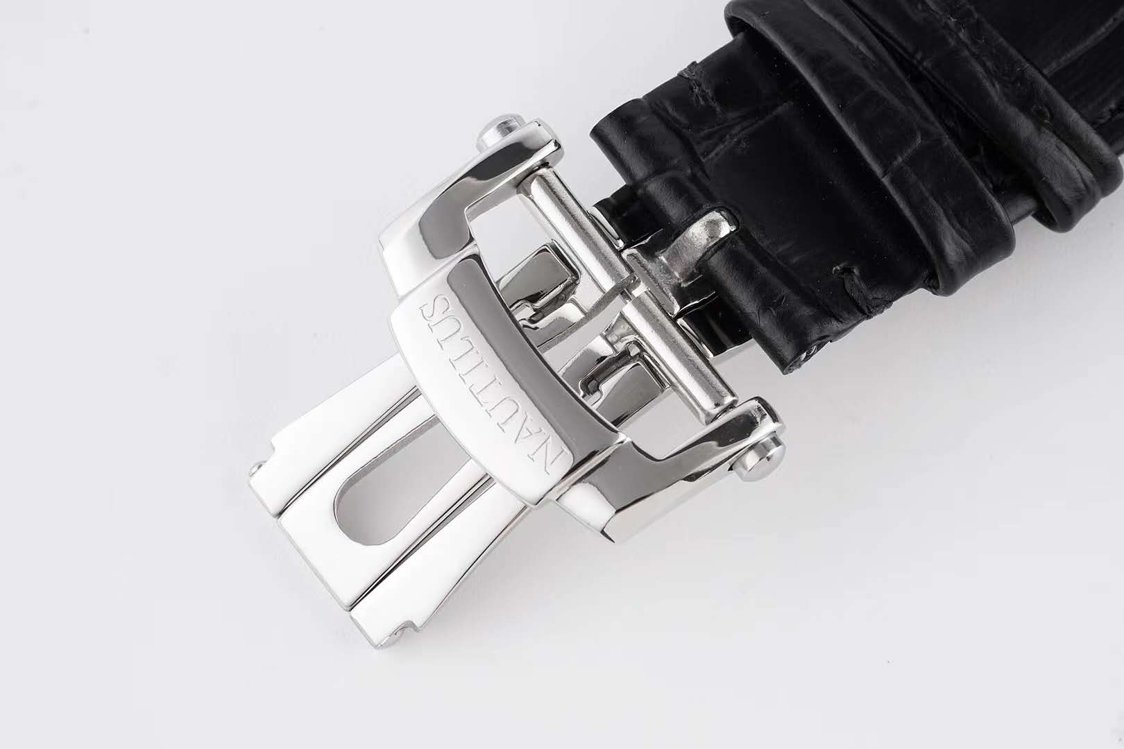 Nautilus 5980/1A-014 Black Dial in Steel on Leather Strap